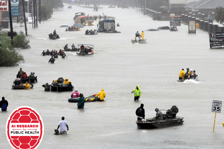 flooded street in USA with AI Public Health sticker on bottom left
