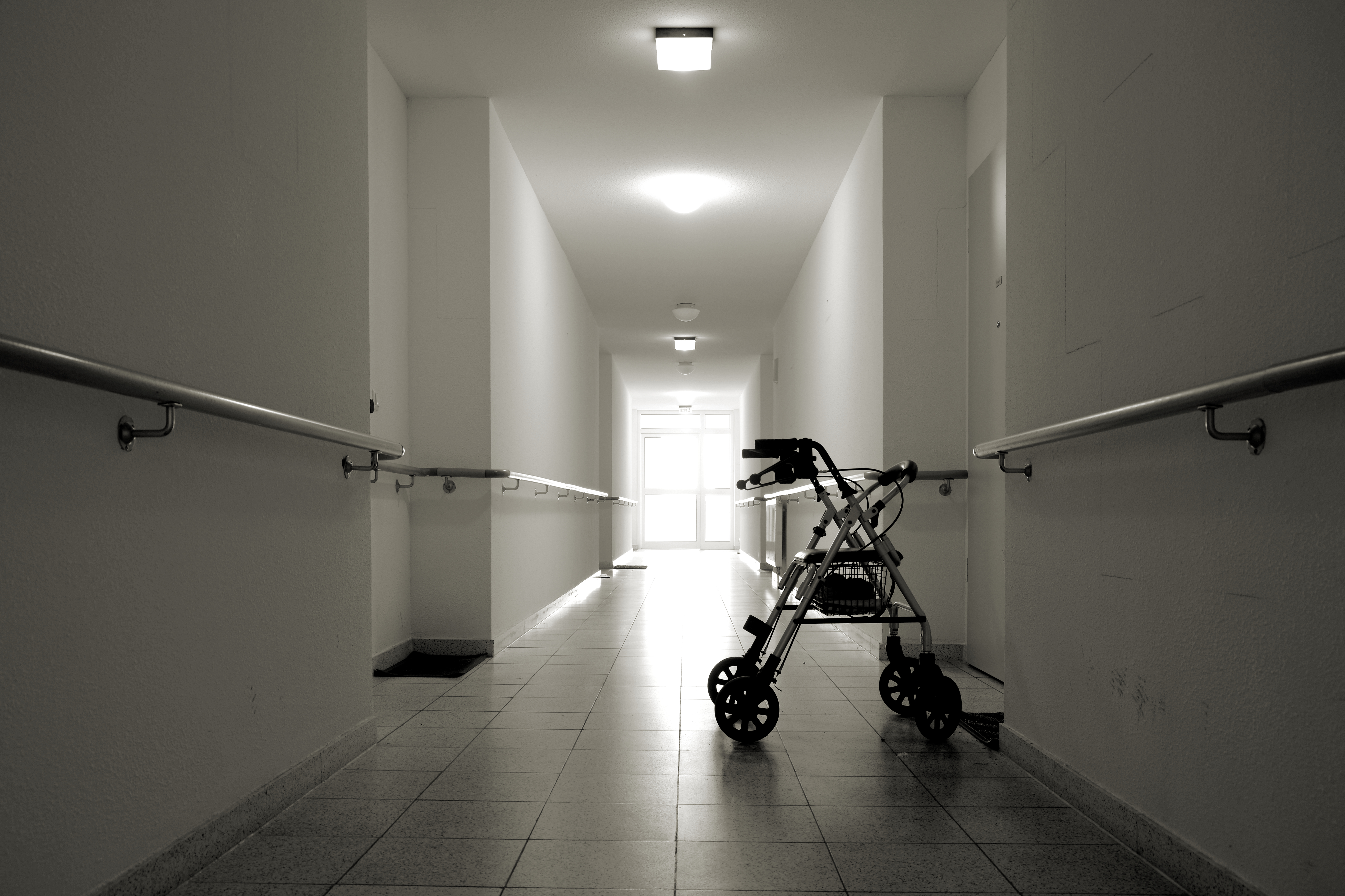Chair sits in hallway of health care facility