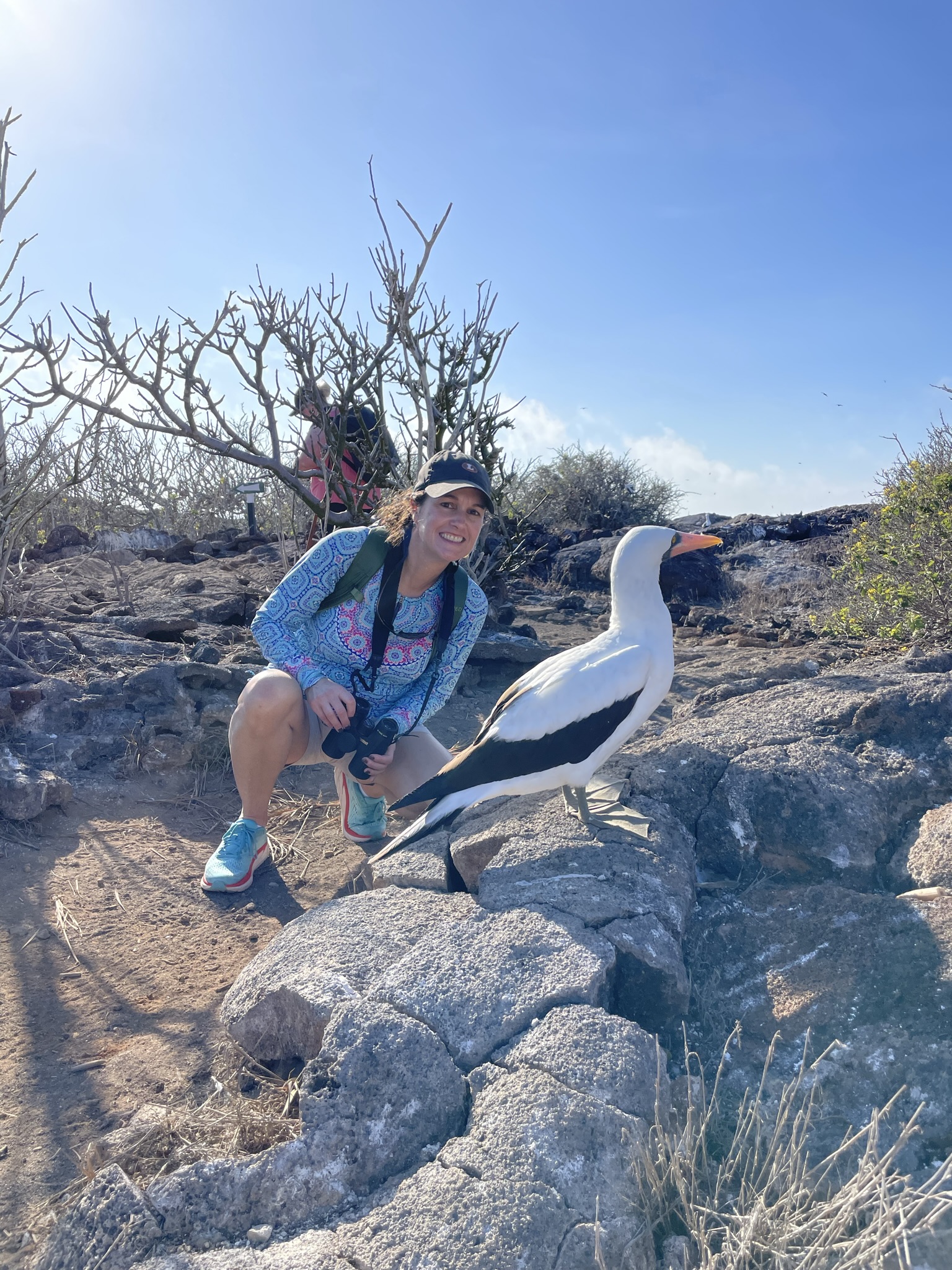 Jennifer Reed with Nazca booby in the Galápagos