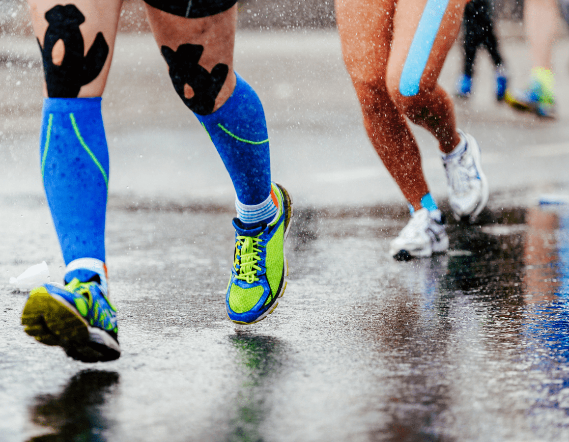 Feet running in a rainy day
