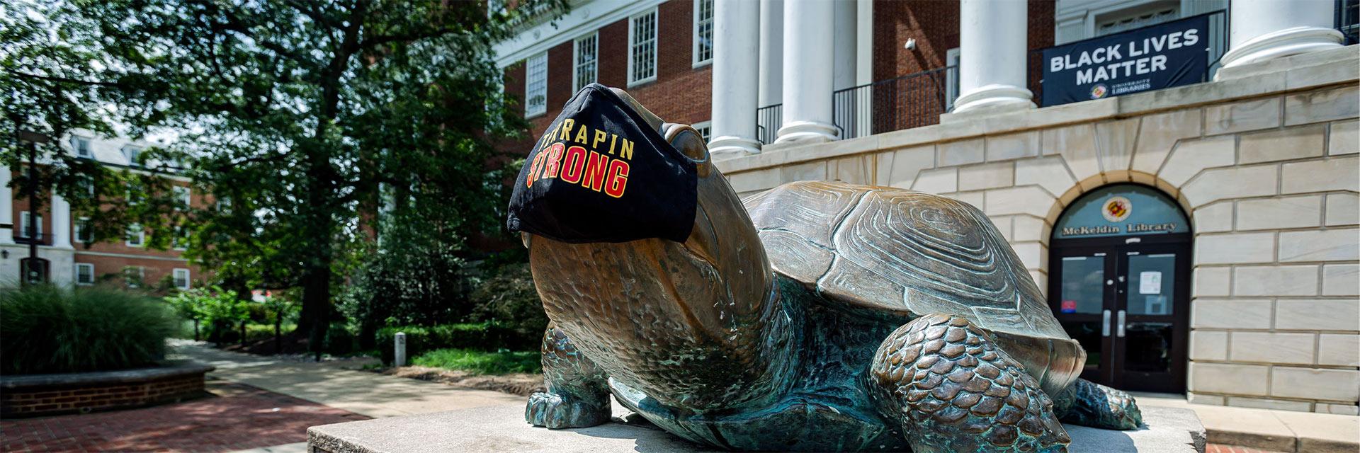 Testudo statue in front of McKeldin Library with the Terrapin Strong branded face mask; Black Lives Matter banner in the background hanging from the porch area of McKeldin Library.